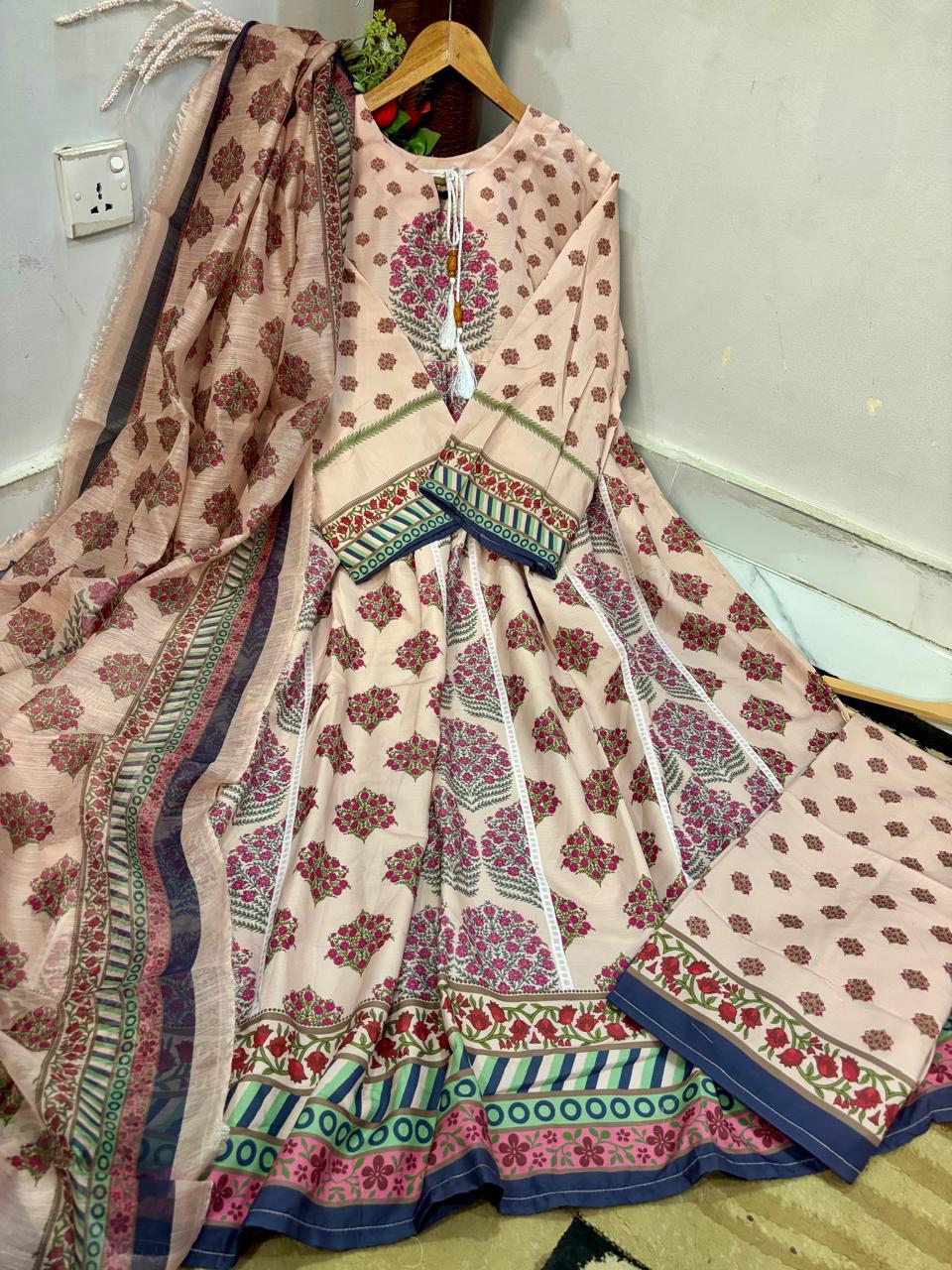 Digital Printed Doria Lawn Frock With Printed Doria Lawn Flapper & Digital Print Munar Lawn Dupatta 3pc Dress 👗