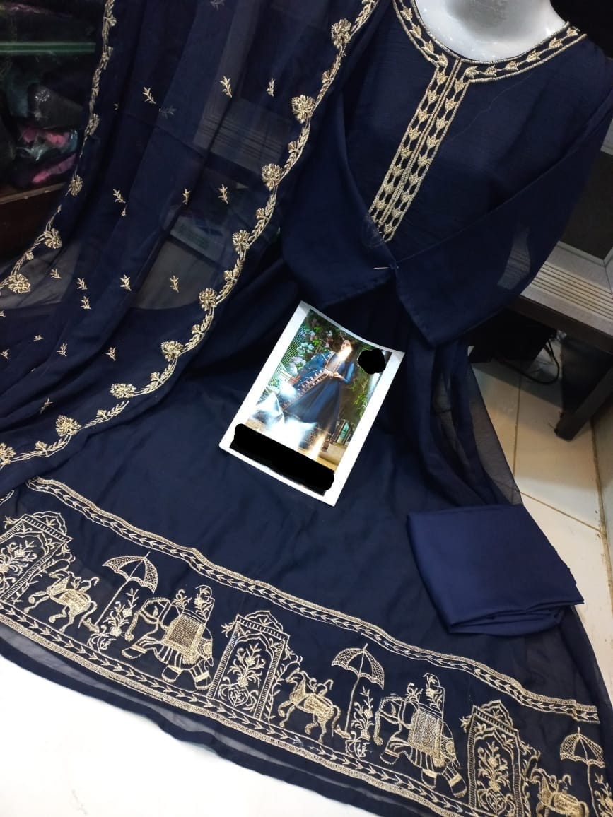 Border Shahi Embroidery With Neck Embroidery Dupatta 3Pcs